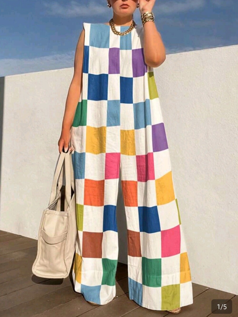 Shein - Colorblock Check Sleeveless Jumpsuit